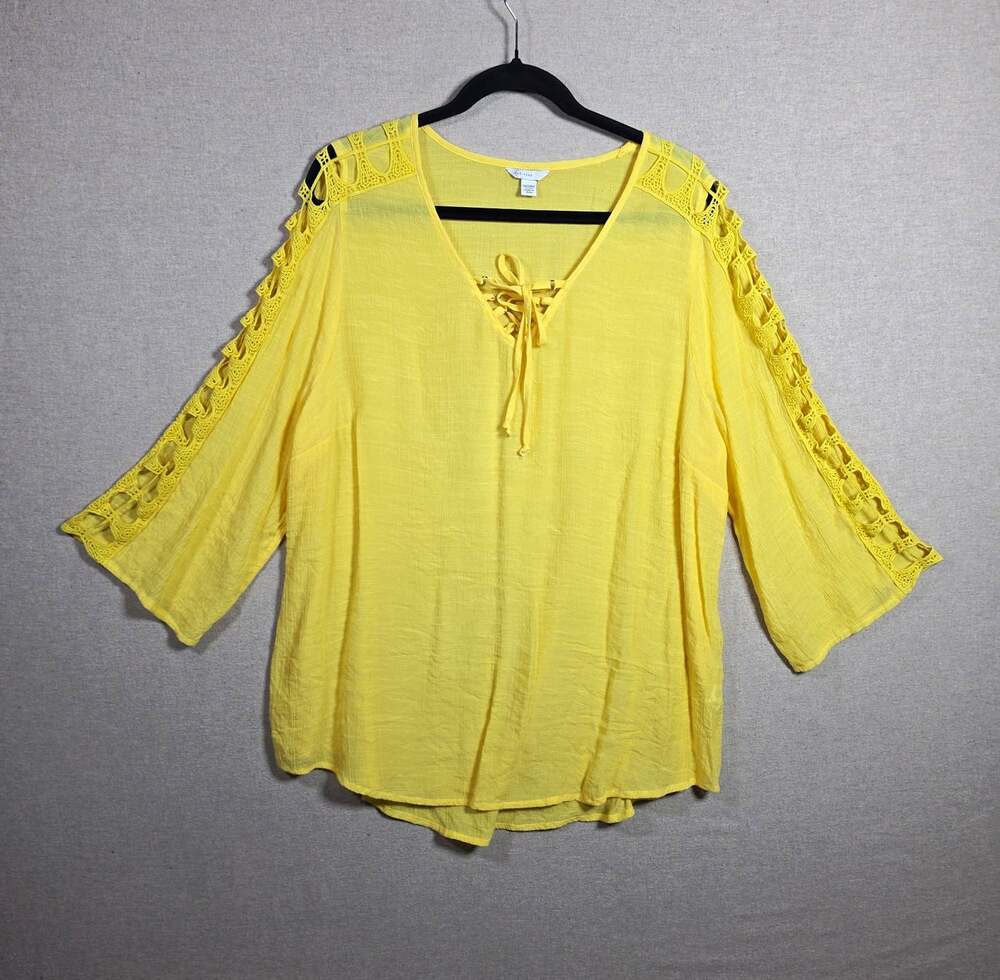 EST. 1946 Yellow Crochet Lace V-Neck Tie Front Long Sleeve Tunic Blouse Plus 20